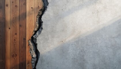 Aufkleber - Cracked light grey cement wall meet with wooden plank texture. Abstract background. Decorative weathered stucco surface with old paint design, art wallpaper, renovation, construction theme. Shadow on
