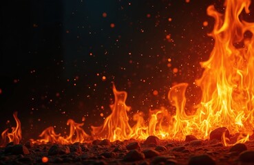Poster - Fire blaze with floating embers on black. Burning flame isolated with abstract texture. Flaming eruption. Fire effect. Abstract background art with copyspace. Orange flame tongues lick ground stones.