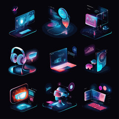 Poster - Futuristic Neon Tech Gadgets, Holographic Displays and Virtual Reality Set