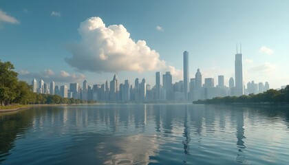 Poster - City skyline reflected in calm water. Tall buildings, skyscrapers dominate urban landscape. Green trees line waterfront. White clouds float in blue sky. Serene cityscape with modern architecture