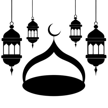 Minimalist Black Eid Silhouette Lanterns & Islamic Art on White.