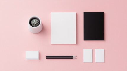 Minimalistic branding setup on pink background with stationery items for creative professionals