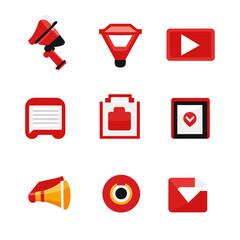 Poster - Red Icon Set - Megaphone, Lantern, Play Button, Message, and Email