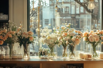 Aufkleber - Fresh flowers arranged in vases on a wooden table with sunlight streaming through large windows in a floral shop. Generative AI