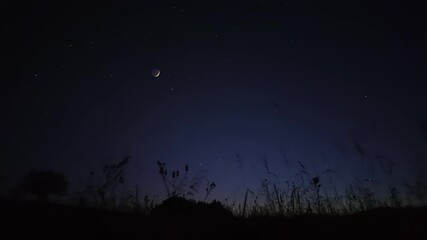Wall Mural - time-lapse of milky way, moon, shooting stars, planets, stars and landscape silhouettes.