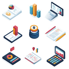 Poster - Isometric Business and Financial Analysis Tools on White Background