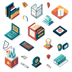 Poster - Isometric Business Icons Financial Data Tech Strategy, isolated on white