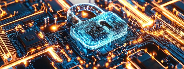 A digital padlock icon surrounded by glowing blue holographic lines on an electronic circuit board background, symbolizing advanced security technology and data protection in cyber architecture