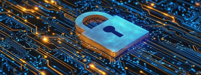 a digital padlock icon surrounded by glowing blue holographic lines on an electronic circuit board b