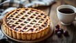 © seksun - High-resolution photography of a Linzer Torte with a perfectly crimped edge and lattice top, served with a cup of coffee on a wooden table
