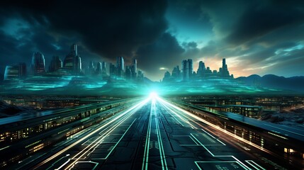 Wall Mural - futuristic highway leads to glowing city skyline at night