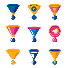 Poster - Colorful Vector Funnels with Play Button, Light Bulb, and Megaphone Icons