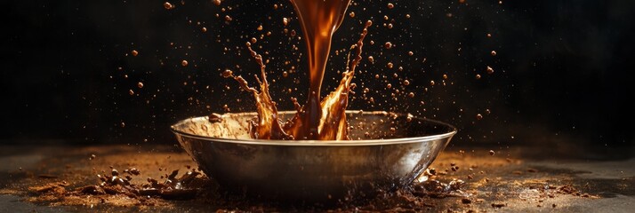Poster - Chocolate mixture splashes dramatically in silver bowl on dark background during cooking process. Generative AI