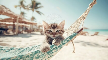 Playful kitten relaxing on beach hammock tropical paradise animal photography sunny environment close-up view