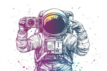 Wall Mural - ink sketch illustration astronaut in a spacesuit and helmet holding retro camera in hands on white background black and white colors with vintage analog photo filter