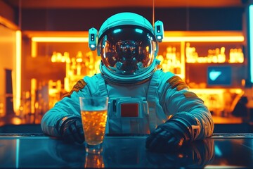 Wall Mural - an astronaut in a spacesuit and helmet sits in a bar with glass of refreshing tasty beer with bright indoors lighting