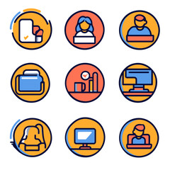 Poster - Office Icon Set with Employee, Coffee, Desk, Monitor in Vibrant Circles