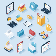 Poster - Isometric Digital Organization Elements: Cloud, Documents, Gears & Devices