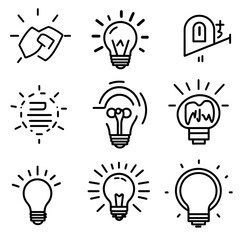 Poster - Variety of stylized light bulb line icons on a white background design.