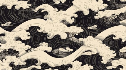 Poster - Maori Koru Spiral Tribal Seamless Motif, elegant line art design featuring intricate spirals, perfect for backgrounds, textiles, and artistic projects, providing ample copy-space for customization