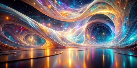 Wall Mural - Celestial Waves A Reflective Journey Through an Imaginary Cosmos Featuring Glowing Nebulae and Luminous Fabrics