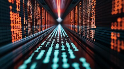 Digital Data Stream with Glowing Binary Code Perspective