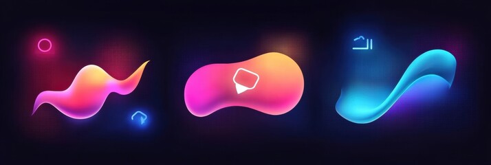 Fototapete - Colorful abstract shapes with glowing effects on a dark background create a modern digital art composition. Generative AI