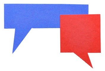Poster - Blue red blank cut out cardboard paper speech bubbles with rough edges and copy space for text on transparent png background conversation discussion design element