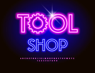 Aufkleber - Vector Electric signboard Work Shop. Elegant Glowing Font. Neon Cool Alphabet Letters and Numbers set.