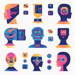 Poster - Diverse AI Head Silhouettes with Tech Icons on a White Background