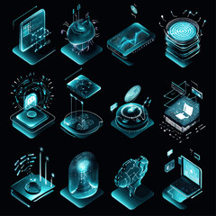 Poster - Isometric glowing network icons of AI, cybersecurity and cloud computing