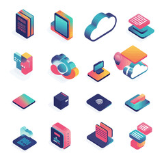 Poster - Isometric digital technology icons representing cloud computing network.