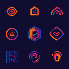 Poster - Abstract smart technology icons in vibrant orange and blue on dark background