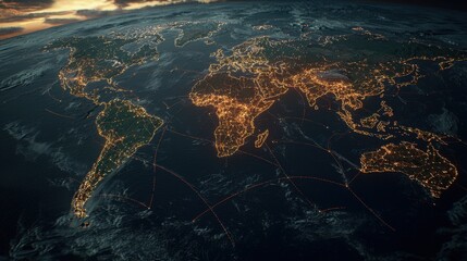 Fototapete - A realistic 3D world map with interconnected shipping, air freight, and trade routes.