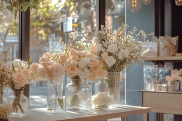 Aufkleber - Elegant flower arrangements in a bright urban shop showcasing spring blooms during daytime. Generative AI