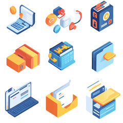 Poster - Isometric business elements, data organization, digital workflow, and office