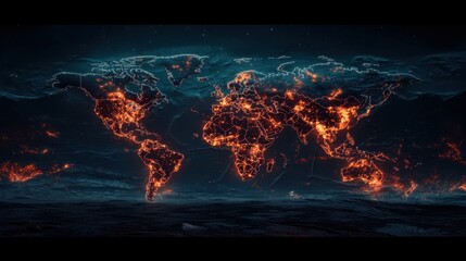 Fototapete - A realistic world map with glowing trade routes connecting major cities, symbolizing global business and commerce.