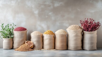 Wall Mural - Colorful assortment of grains and herbs in fabric sacks arranged on a neutral backdrop