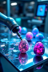 Poster - a combination of Easter and technology, A robotic arm delicately manipulates a glowing, networked egg among others, in a futuristic, technology-focused scene with bokeh light