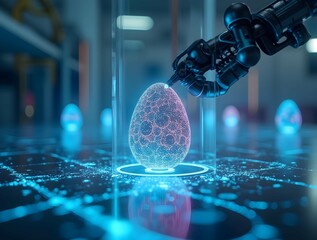 Poster - a combination of Easter and technology, A robotic arm delicately manipulates a glowing, networked egg among others, in a futuristic, technology-focused scene with bokeh light