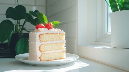 Wall Mural - Slice cake, creamy icing, berry topping on counter, houseplants near window light