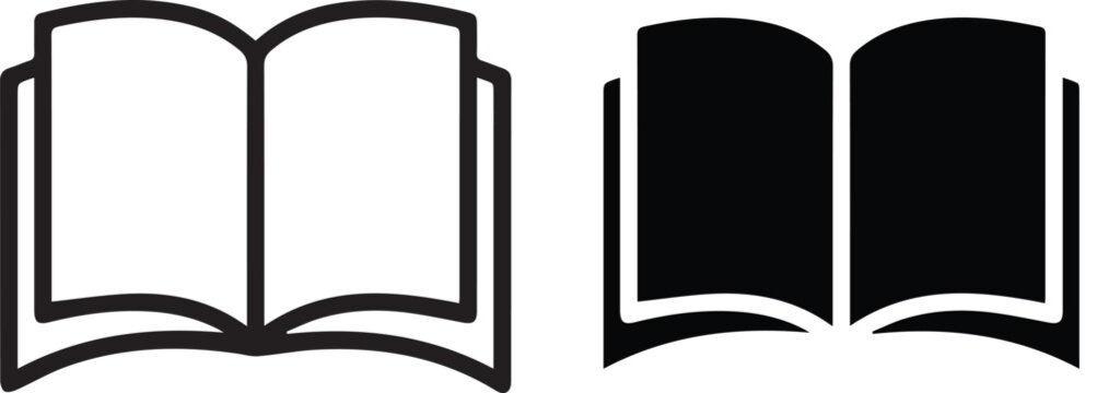 Open book, pages spread, simple icon, black and white design, geometric shape, minimalist illustration, reading symbol, education concept, knowledge representation, line art, vector