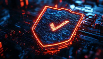 Aufkleber - 3D blue and red glowing shield with check marks