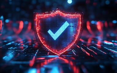 Aufkleber - 3D glowing blue and red shield with check marks