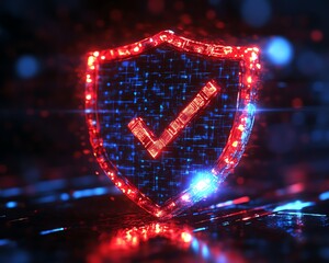 Aufkleber - Digital 3D glowing shield in blue and red with check marks