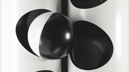 Poster - black and white geometric animation featuring minimalist sphere bouncing dynamically between cylindr