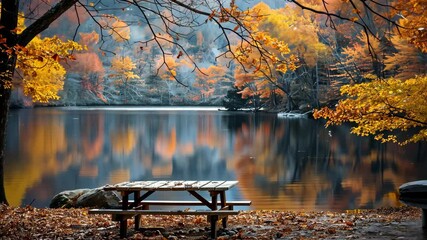 Wall Mural - a picnic table beside a tranquil lake with golden leaves on the trees in autumn, shawnee state park