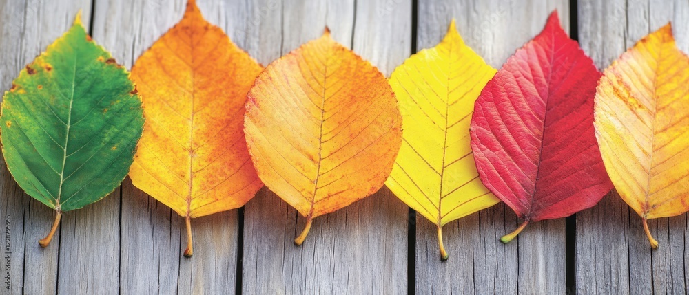 Six Autumn Leaves in a Row, Showing Progression of Color Change Stock ...