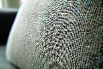 Poster - A close-up of a gray textured fabric on a sofa cushion, revealing the intricate weave and patterns, creating a soft, inviting surface with blurred edges and muted colors.