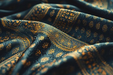 Poster - Intricate gold patterns on a dark blue silk fabric, creating a luxurious and elegant texture with rich details and flowing folds, ideal for a background.